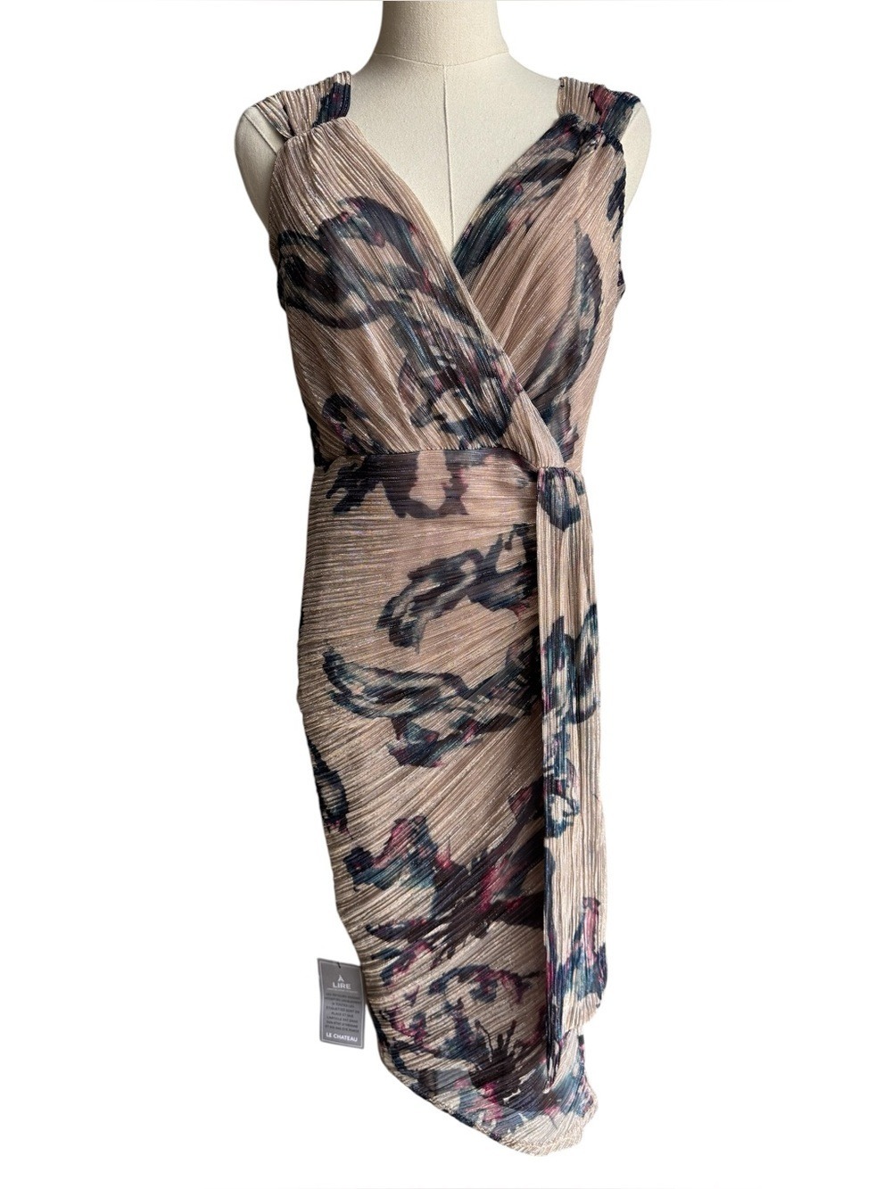 Le Chateau Floral Shimmer Cocktail Dress Sz M Fitted Sexy Party Wrap V-Neck NWT